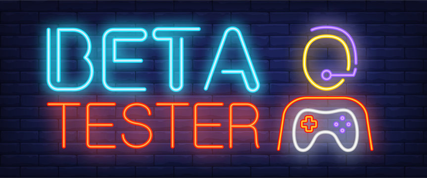 Beta tester neon text and person with game console. Computer games advertisement design. Night bright neon sign, colorful billboard, light banner. Vector illustration in neon style.