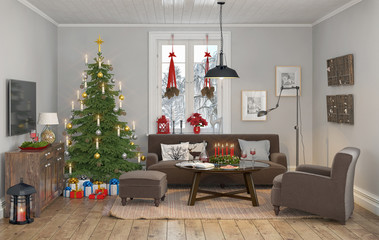 Skandinavisches, nordisches Wohnzimmer mit einem Sofa, Weihnachtsbaum und weihnachtlicher Deko