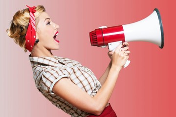 1950s style housewife yelling into a megaphone - isolated image