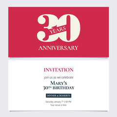 30 years anniversary invitation vector illustration. Design template element