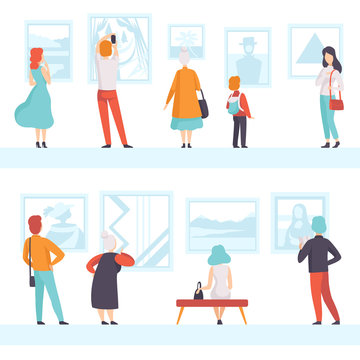 People of different ages looking at the pictures hanging on the wall, exhibition visitors viewing museum exhibits at art gallery, back view vector Illustration on a white background