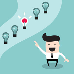 Happy businessman choosing the bright idea. Successful business concept, make right decisions. Vector illustration