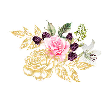 Bouquet With Gold Graphic And Watercolor Flowers. Rose, Lily And Berries.