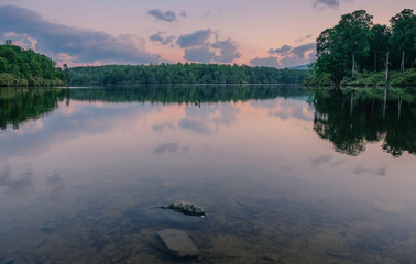 Julian Price Memorial Park, North Carolina, USA - June 14, 2018: Sunset at a lake in Julian Price Memorial Park National Park