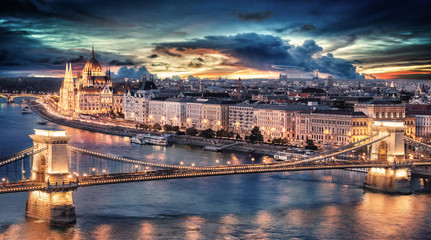 Spectacular sunset over the capital city of Hungary, Budapest.