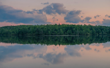 Julian Price Memorial Park, North Carolina, USA - June 14, 2018: Sunset at a lake in Julian Price Memorial Park National Park