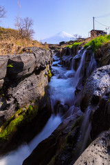 shibakawa fall and fuji mountain background in japan