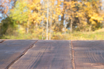 empty wooden table against the background of the autumn forest and the trees. copy space, a place to place an inscription or advertisement