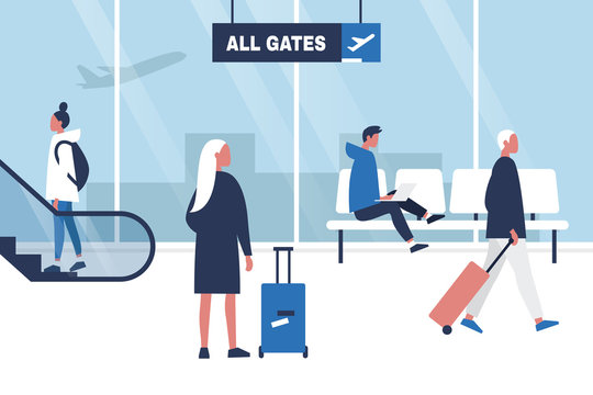 Airport terminal. Seating, Standing and walking characters holding their suitcases. Waiting area. All gates. Boarding. Flat editable vector illustration, clip art