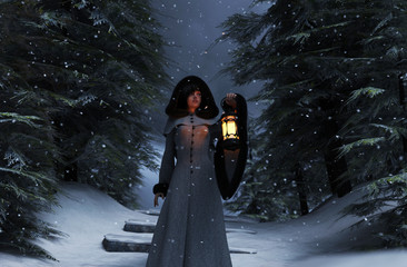 Winter's forest story,Young woman in hooded cloak with lantern in winter forest,3d illustration