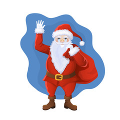 Vector illustration. Full-length Santa Claus holds a bag with gifts in his hand and waves his hand. Symbol of Christmas and New Year cartoon style. Isolated on white background