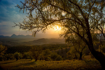 Granada, Spain; October 01, 2018: Sunset landscape and sunset in the mountains of Granada