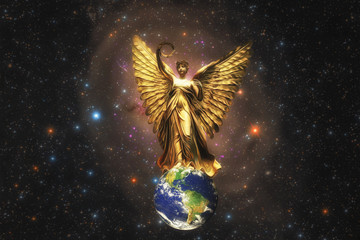 Illustration Fantasy Art of A Beautiful Golden Angel Spreads Her Wings over The Globe with Universe and Stars Background, Elements of The Globe and Universe furnished by NASA
