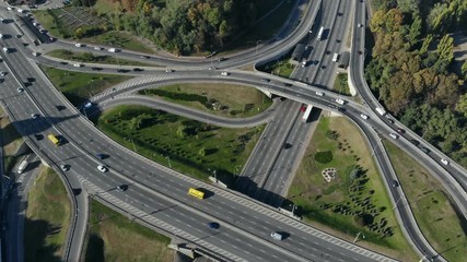 drone shot busy traffic intersection in city