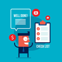 Happy excited businessman with check list Business success concept Vector illustration