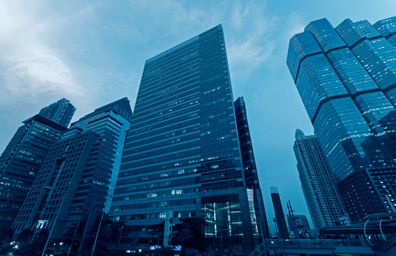 Bangkok Business District City Scape At Night Office Building And Hotel Street View.