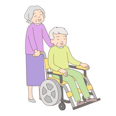 車椅子を押すおばあちゃん_おじいちゃん