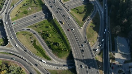 drone shot busy traffic intersection in city
