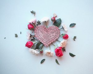 wreath frame of roses and daisies with wooden heart/ Valentines/anniversary/ birthday card