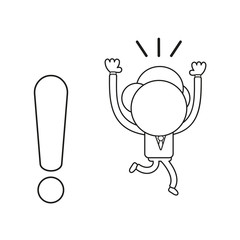 Vector illustration of businessman character running away from exclamation mark. Black outline.