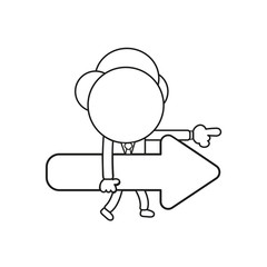 Vector illustration of businessman character walking and holding arrow and pointing right. Black outline.