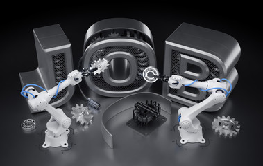 Robotics Job. Industrial robotic manipulators, assemling word of JOB from mechanical parts. 3d rendering graphic composition on the theme of "Robotization".