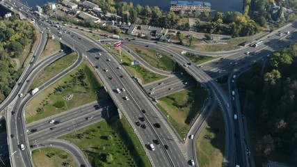 drone shot busy traffic intersection in city