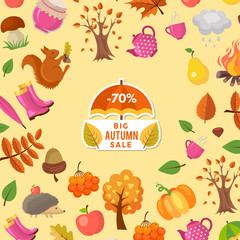 Vector cartoon autumn elements and leaves sale background with place for text illustration. Colored card ot web banner