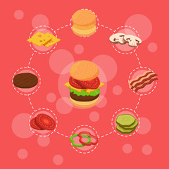 Vector isometric burger ingredients infographic concept illustration. Chart instruction colored