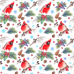 Seamless pattern with red northern cardinals, holly berries, pine branches, cones, dry twigs and snowflakes. Watercolor on white back ground.