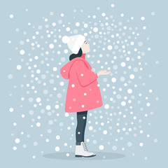 The girl catches snowflakes. Winter Games. Christmas Holidays. Vector flat illustration