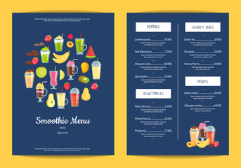 Vector flat smoothie elements cafe or restaurant menu template illustration. Banner card or poster