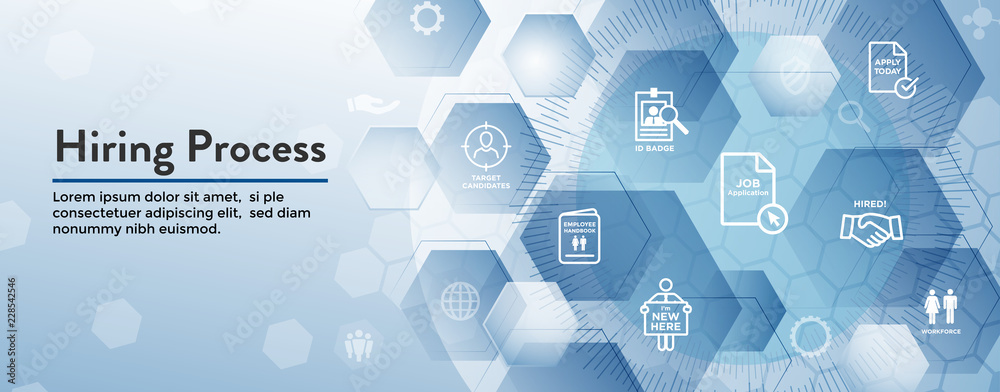 Wall mural new employee hiring process icon set and web header banner