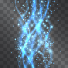 Blue neon light effect, wave shaped. Vector glowing lines shining stardust sparkles on transparent background. Glittering curves of magical illumination. Glistening flow of meditative energy waves.
