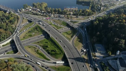 drone shot busy traffic intersection in city