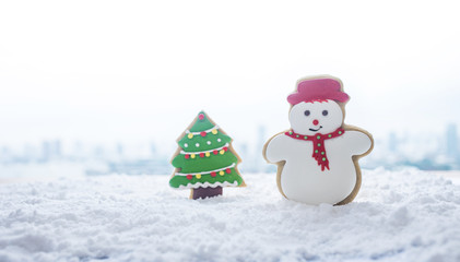 Christmas festival concepts ideas with snowman and pine tree cookie (Selective focus on snowman)
