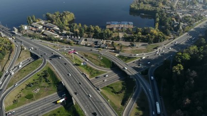 drone shot busy traffic intersection in city