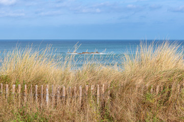 French landscape - Bretagne. View to the sea with dunes and grass in the foreground.