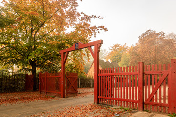Klampenborg, Denmark - 15 october 2018: The Red Gate to Jaegersborg Dyrehave. This gate is located...