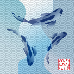 Fototapeta na wymiar Set with fish, Koi carp on traditional Japanese background. Monochrome pastel blue color. Vector illustration, Cyprinus Carpio.
