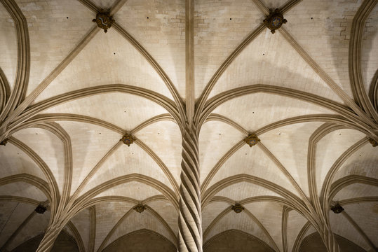 La Llotja gothic vaulted ceiling interior in Palma de Mallorca, Balearic islands, Spain