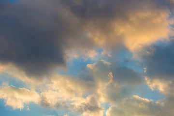 Blue sky from above heave clouds background.