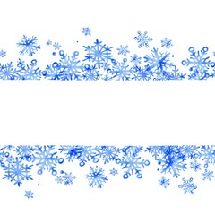 Beautiful winter seamless border of snowflakes. Ideal for invitations, postcards, posters. Watercolor illustration. Hand drawing.