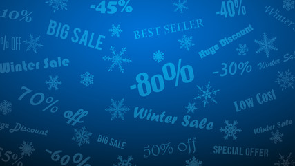 Background on winter discounts and special offers, made of snowflakes and inscriptions, in blue colors