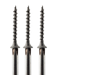 Screws on screwdrivers and on a white background