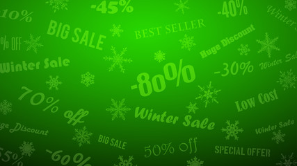 Background on winter discounts and special offers, made of snowflakes and inscriptions, in green colors