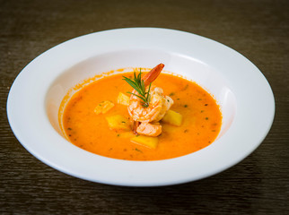 Pumpkin Soup With Shrimps And Salmon