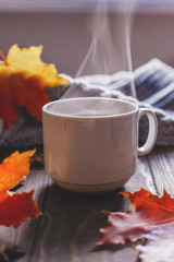 Coffee mug with autumn maple leaves and women's woolen scarf on a wooden table