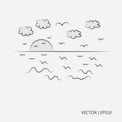 Vector illustration. The sea and the setting sun. Flying gulls. Birds at the seaside. Sketch. Drawing for children. Flat icon