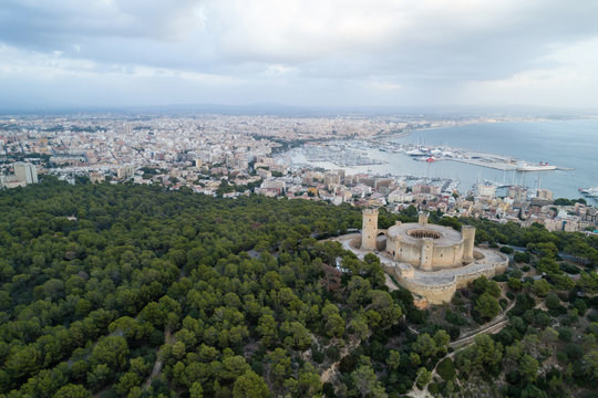 Aerial view of Bellver castle - medieval fortress in Palma de Mallorca, Balearic Islands, Spain
